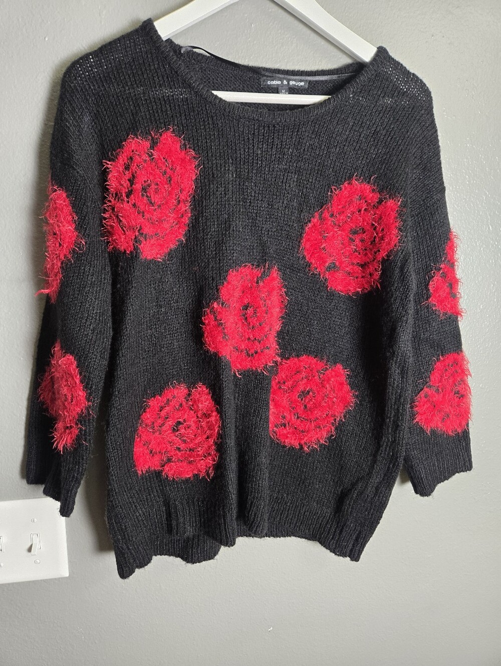 Cable & Gauge Black Sweater with Red Fuzzy Floral Accents Size Medium
